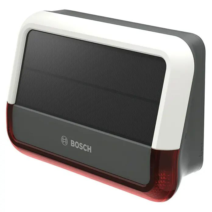Bosch Smart Home Außensirene - 100 dB - Bosch Solarwarnleuchte mit weißem Rahmen und rotem Licht für erhöhte Sichtbarkeit und Sicherheit.