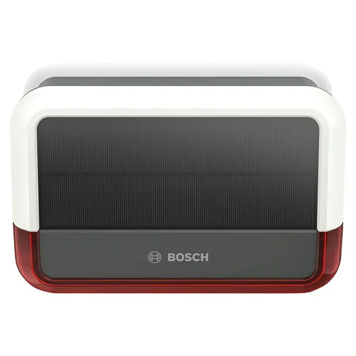 Bosch Smart Home Außensirene - 100 dB - Bild einer Bosch Außensirene mit Solarpanel, die zuverlässige Sicherheit und Energieeffizienz vereint.