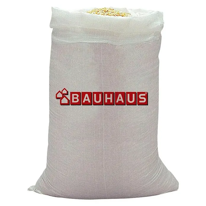 Saco para obras de rafia - 85 x 55 cm - Saco lleno de grano o semillas, con el logo de Bauhaus en el frente, ideal para jardinería o como suministro de materia prima.