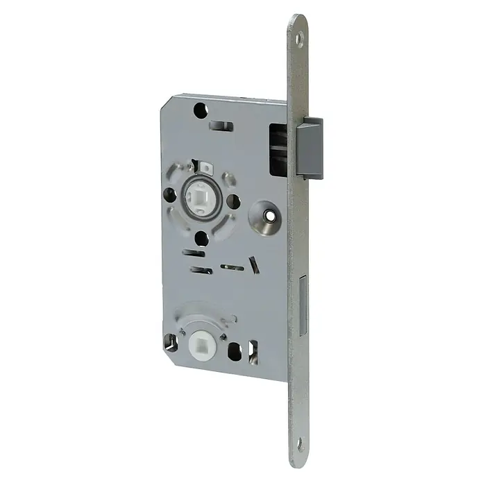 Abus WC-Einsteckschloss 20 SB - Rechts, Silber, 145 x 80 x 14 mm - Nahaufnahme eines Türschlosses aus Metall, das Details der Mechanik und des Designs zeigt. Ideal für Bau- und Sicherheitszwecke.