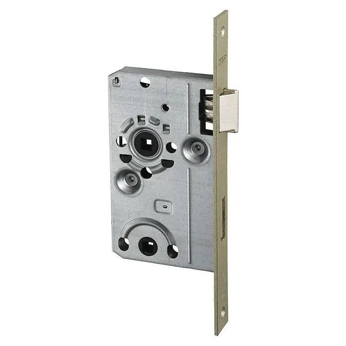 Abus WC-Einsteckschloss 24 SB - Rechts, Silber, 144 x 84 x 14 mm - Nahaufnahme eines ZUGA Einsteckschlosses aus Metall, das die Mechanismen und die Bauqualität hervorhebt. Ideal für Sicherheitstechnik und Türbeschläge.