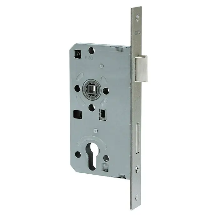 Abus Einsteckschloss Wohnungsabschlusstür 24 SB - Rechts, Profilzylinder, 155 x 85 x 14 mm, Stulpfarbe: Silber - Nahaufnahme eines silberfarbenen Türschlosses mit Riegel und Schlüsselloch, das die robuste Bauweise und Sicherheitsmerkmale hervorhebt.