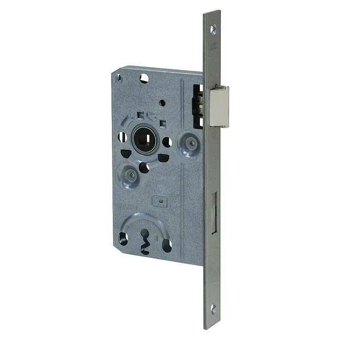 Abus Zimmertür-Einsteckschloss 24 SB - Rechts, Stulpfarbe: Silber, 144 x 84 x 14 mm - Detailaufnahme eines Türschlosses aus Metall, das die mechanischen Komponenten und die robuste Bauweise hervorhebt.