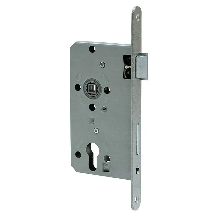 Abus Einsteckschloss Wohnungsabschlusstür 18 SB - Rechts, Profilzylinder, 155 x 85 x 14 mm - Nahaufnahme eines silbernen Einsteckschlosses mit Schlüsselloch und Vierkantaufnahme für Türgriffe, ideal für Innentüren.
