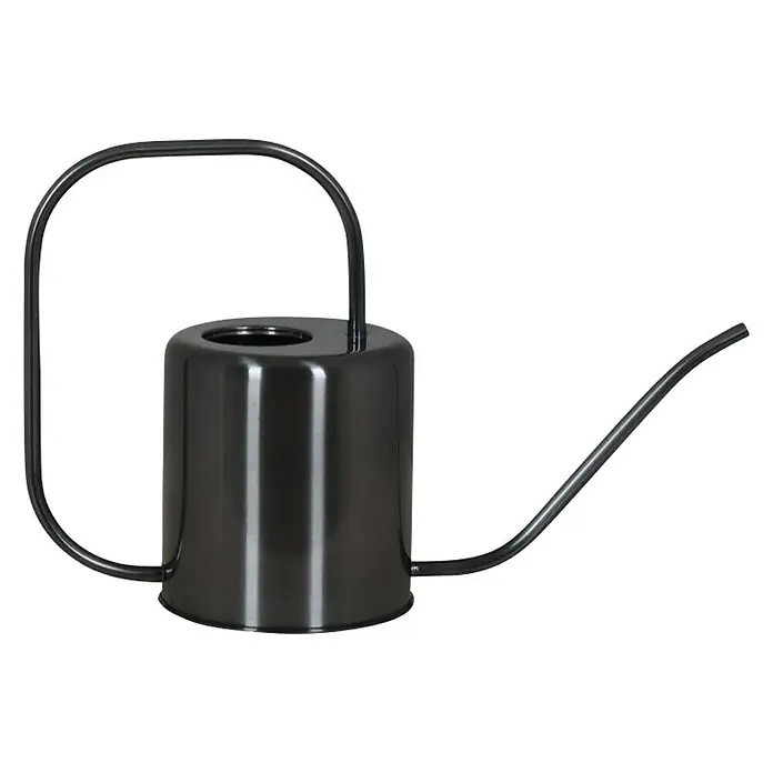 GießkanneEdelstahl, 2 l, Grau - Nahaufnahme einer schwarzen, schlanken Gießkanne mit gebogenem Auslauf und Henkel auf dunklem Hintergrund, perfekt für Zimmerpflanzen.