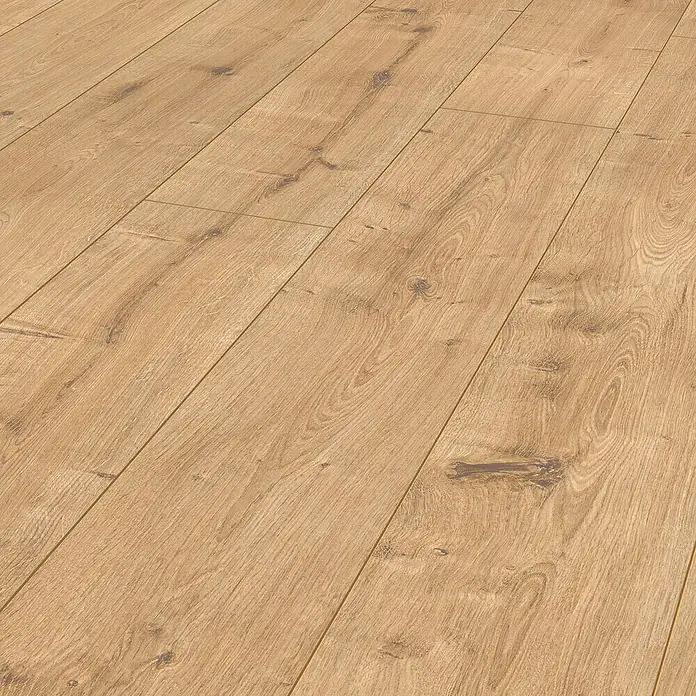 LOGOCLIC Ambienta Laminatmuster Eiche Napoli - 296 x 195 x 1 mm, Landhausdiele - Nahaufnahme von Paneelen in Holzausführung, die eine realistische Holzstruktur und natürliche Maserung aufweisen. Sie erzeugen eine warme und gemütliche Atmosphäre.