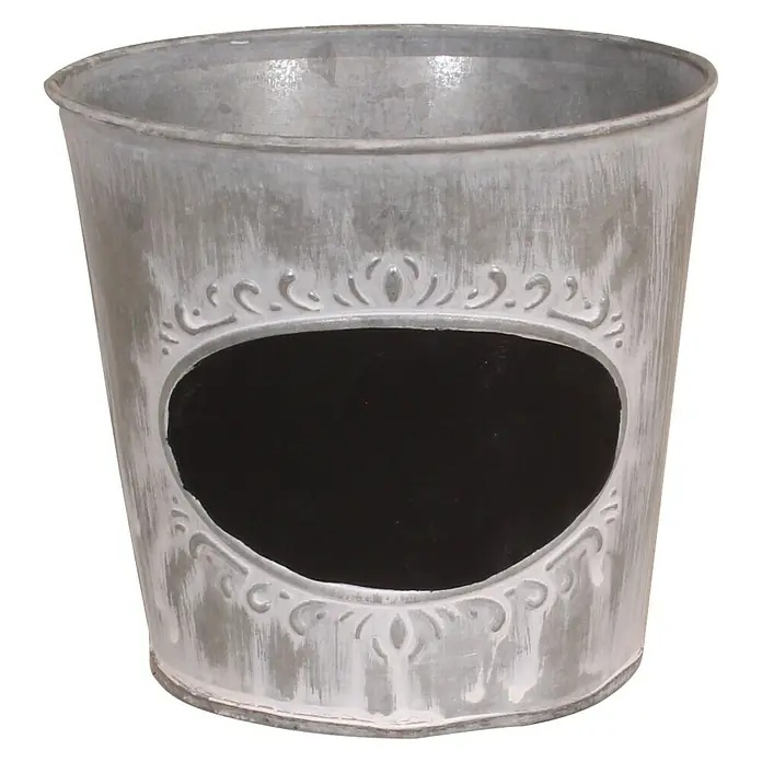 Übertopf rundØ x H: 13 x 12 cm, Grau, Zink, Matt - Dekorativer Pflanztopf aus Metall mit Tafel zum Beschriften, ideal für Kräuter und kleine Pflanzen.