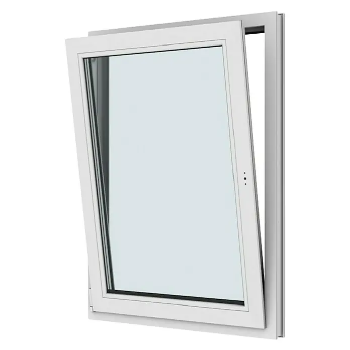 Solid Elements Kunststofffenster New Basic - 90 x 120 cm, Verglasung: 2-fach, DIN Anschlag: Links, Weiß - Eine Nahaufnahme eines modernen, weißen Dreh-Kipp-Fensters, das teilweise geöffnet ist und die Details des Rahmens und des Glases zeigt.