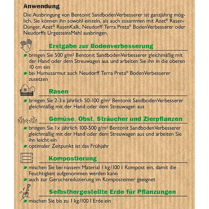 Neudorff Betonit Sandboden-Verbesserer - 10 kg, Max. Anwendungsfläche: 100 m² - Anwendungshinweise für Bentonit Sandbodenverbesserer zur Bodenverbesserung, Rasenpflege, Kompostierung und Herstellung von Pflanzerde.