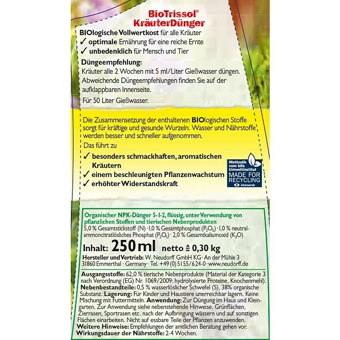 Neudorff BioTrissol Kräuterdünger250 ml, Inhalt ausreichend für ca.: 50 l Detail Shot