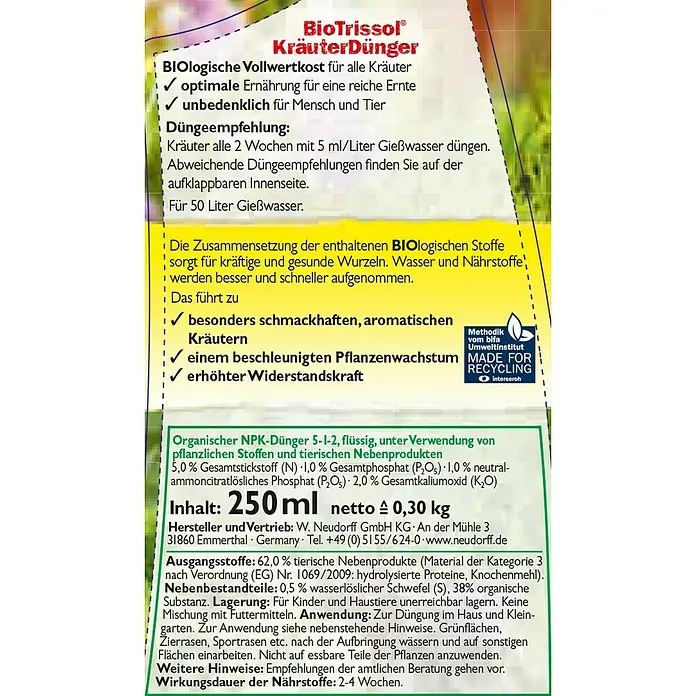 Neudorff BioTrissol Kräuterdünger - 250 ml - BioTrissol Kräuterdünger: Flüssiger Bio-Kräuterdünger für eine optimale Ernährung und reiche Ernte, unbedenklich für Mensch und Tier.