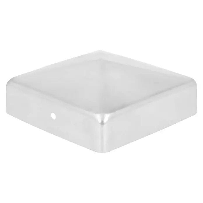 Pfostenkappe Pyramide - 70 x 70 mm, Edelstahl - Nahaufnahme einer silbernen quadratischen Kappe, ideal zum Abdecken von Pfosten und Geländern, die ein glattes, modernes Finish bietet.
