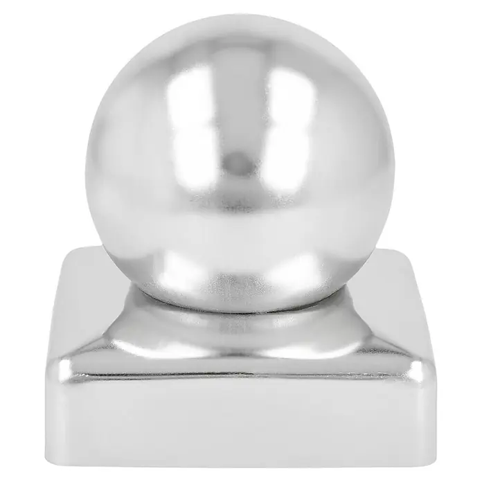 Pfostenkappe Kugel - 70 x 70 mm, Edelstahl - Glänzende silberne Zaunpfostenkappe mit Kugelaufsatz. Die Kappe ist quadratisch und verleiht jedem Zaun eine elegante Note mit ihrer reflektierenden Oberfläche.