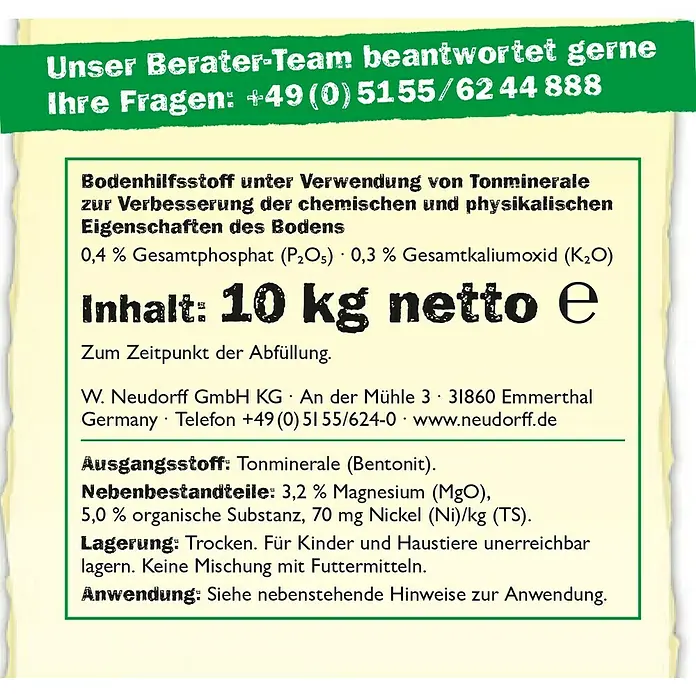 Neudorff Betonit Sandboden-Verbesserer - 10 kg, Max. Anwendungsfläche: 100 m² - Das Bild zeigt ein Produktetikett mit dem Hinweis auf Bodenhilfsstoff mit Tonmineralen. Inhalt: 10 kg netto.