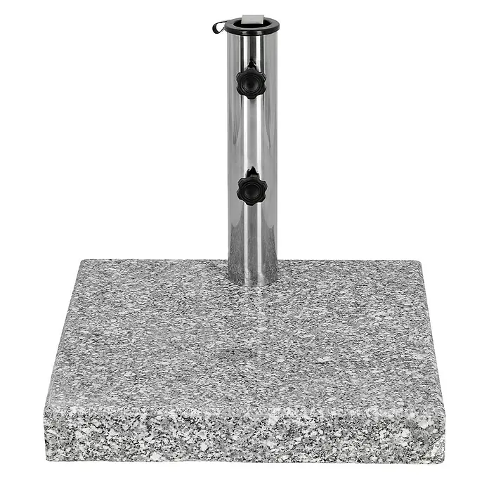 Sunfun Granitschirmständer Vieste - 25 kg - Abgebildeter viereckiger Sonnenschirmständer aus grauem Granit mit einem silberfarbenen Metallrohr zur Befestigung des Schirms.