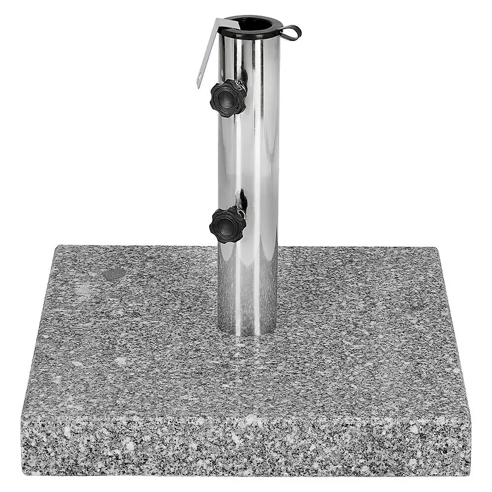 Sunfun Granitschirmständer Florenz - 25 kg, 45 x 45 cm - Ein quadratischer Sonnenschirmständer aus Granit mit einem silberfarbenen Schirmhalter aus Metall. Ideal für den Außenbereich.