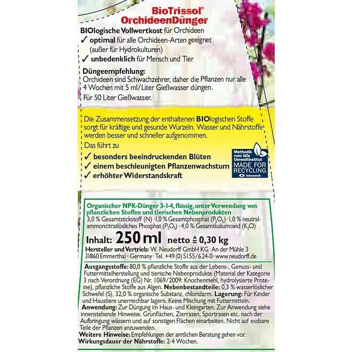 Neudorff BioTrissol Orchideendünger (250 ml, Inhalt ausreichend für ca.: 50 l)