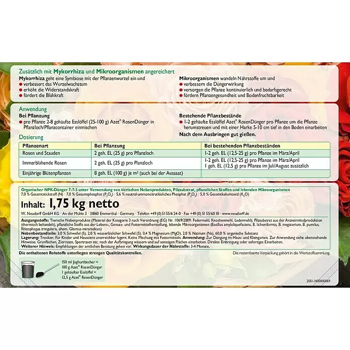 Neudorff Azet Rosendünger - 1,75 kg - Etikett für Azet® Bio-NPK Rosendünger 7-7-5, angereichert mit Mykorrhiza und Mikroorganismen, mit Dosierungsanleitung und Messhilfe.