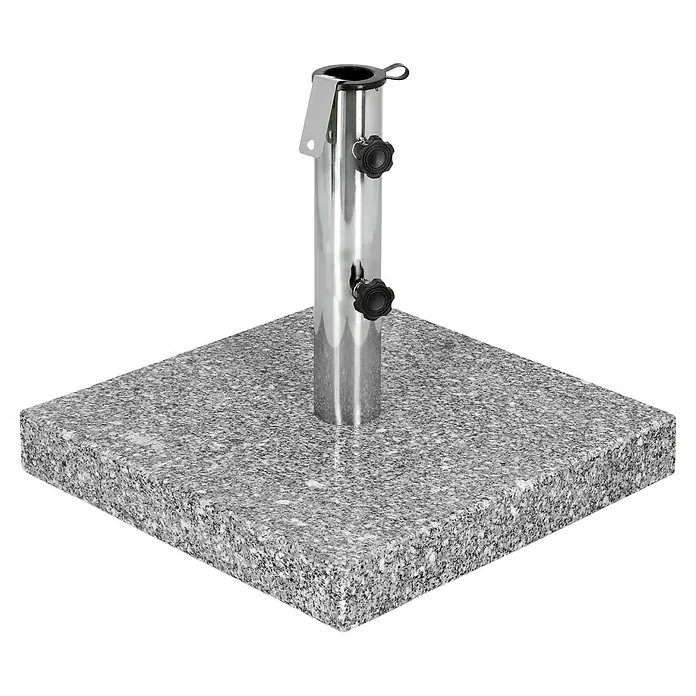 Sunfun Granitschirmständer Florenz - 25 kg, 45 x 45 cm - Nahaufnahme eines quadratischen Granit-Sonnenschirmständers mit poliertem Metalleinsatz.