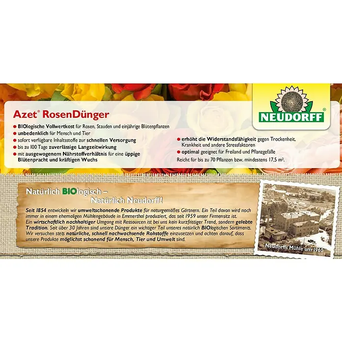 Neudorff Azet Rosendünger - 1,75 kg - Azet Rosen Dünger, ein biologischer Volldünger für Rosen, Stauden und einjährige Pflanzen, ideal für gesundes Wachstum und üppige Blütenpracht.