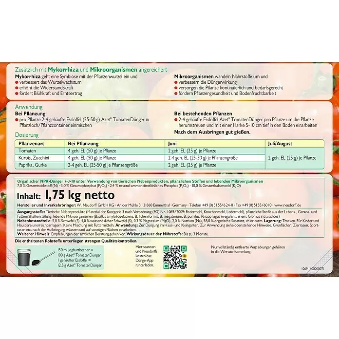 Neudorff Azet Tomatendünger - 1,75 kg - Detailliertes Produktetikett für Azet Tomatendünger, zeigt Inhaltsstoffe, Dosierung und Anwendungshinweise.