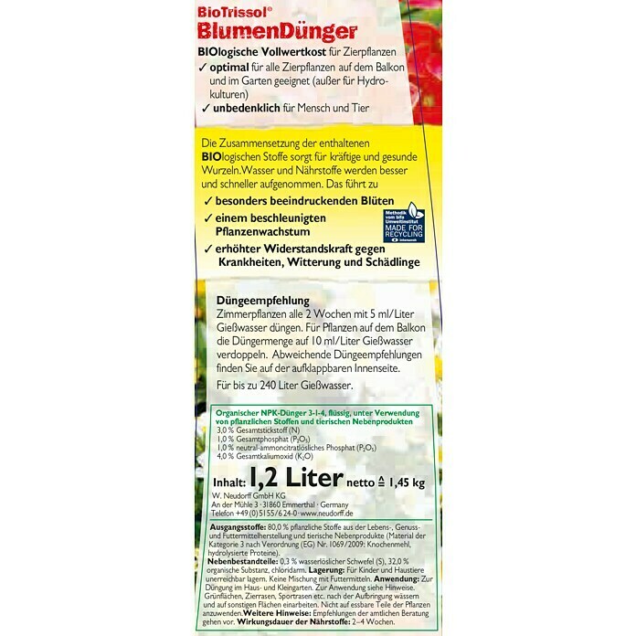 Neudorff BioTrissol Blumendünger (1,2 l, Inhalt ausreichend für ca.: 240 l)