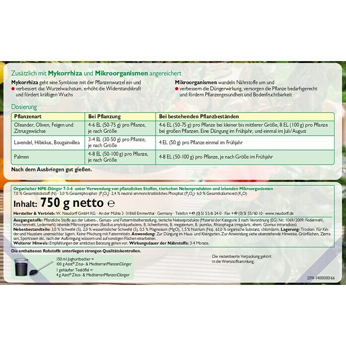 Neudorff Azet Mediterranpflanzen-Dünger750 g Detail Shot