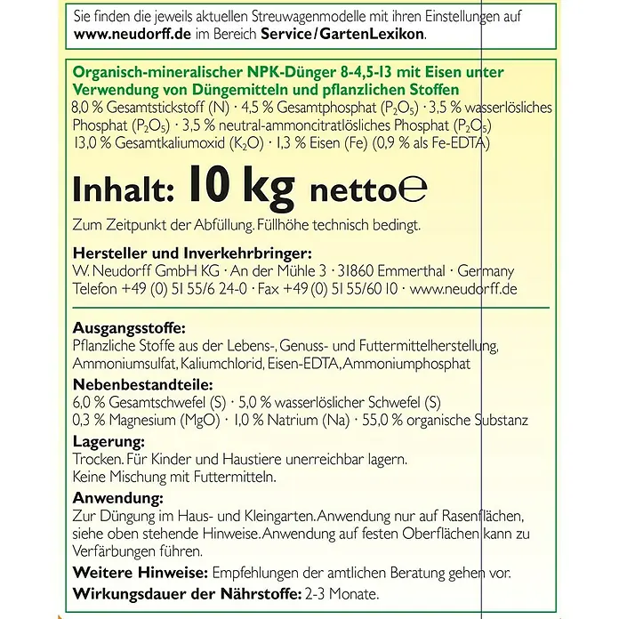 Neudorff Rasendünger Moos- & Unkrautstopp - 10 kg - Etikett des Neudorff NPK-Düngers 8-4,5-13, einem organisch-mineralischen Dünger mit Eisen für eine gesunde Pflanzenentwicklung.