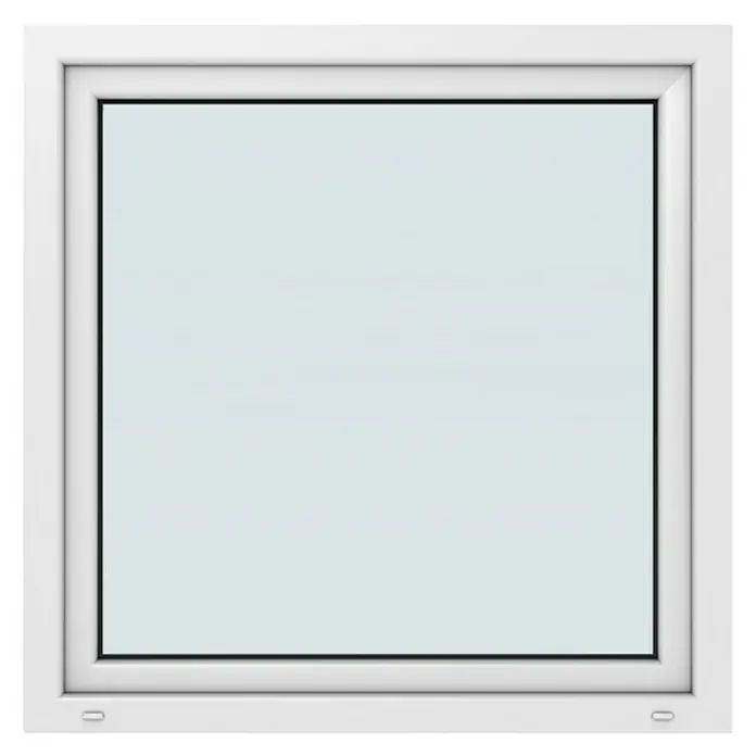 Solid Elements Kunststofffenster New Basic - 120 x 120 cm, Verglasung: 2-fach, DIN Anschlag: Rechts, Weiß - Ein quadratisches, weißes Fenster mit klarem Glas, das einen hellen Raum erhellt und moderne Eleganz ausstrahlt.