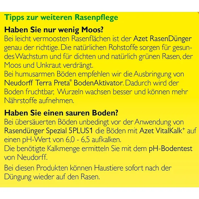 Neudorff Rasendünger Moos- & Unkrautstopp - 10 kg - Tipps zur Rasenpflege mit Hinweisen zu Moosbekämpfung, Bodenaktivierung und Kalkung für einen gesunden, grünen Rasen.