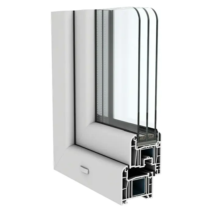Solid Elements Kunststofffenster Basic120 x 120 cm, DIN Anschlag: Links, Weiß - Profilansicht eines modernen Fensters mit Dreifachverglasung, das hervorragende Wärmeisolierung und Energieeffizienz bietet.