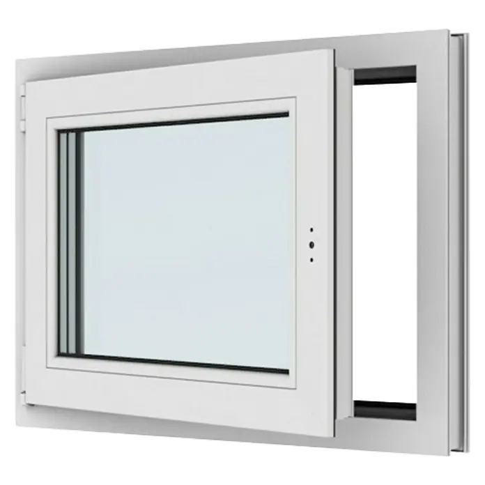 Solid Elements Kunststofffenster New Basic - 80 x 50 cm, Verglasung: 3-fach, DIN Anschlag: Links, Weiß - Modernes, weißes Schiebefenster, teilweise geöffnet, mit klaren Linien und minimalistischem Design für helle Räume.