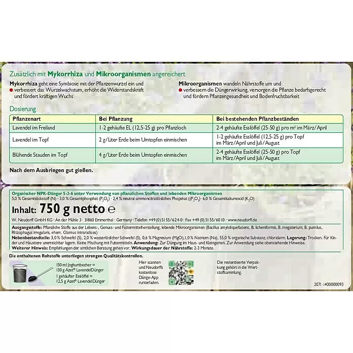 Neudorff Azet Lavendeldünger - 750 g - Produktetikett für Azet® Lavendel Dünger mit Anwendungshinweisen, Inhaltsstoffen und Dosierungstabellen.