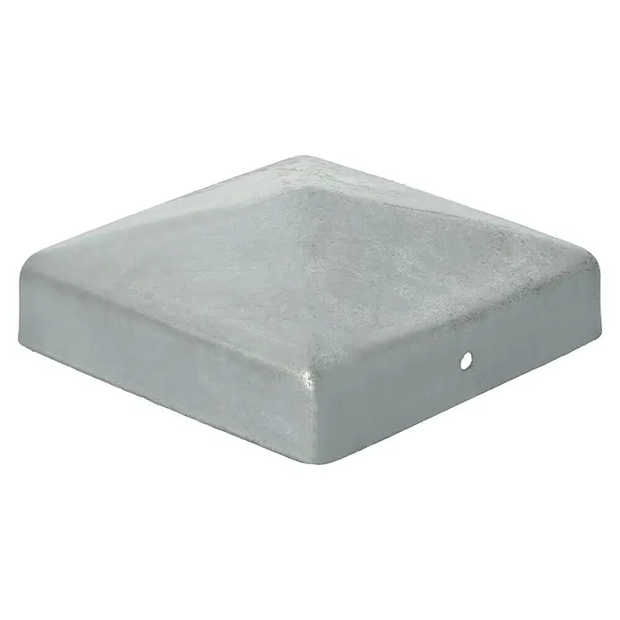 T & J Pfostenkappe Metall - 9 x 9 cm, Edelstahl, Verzinkt, Rechteckig - Nahaufnahme einer silbernen Zaunpfostenkappe aus Metall. Die Kappe ist quadratisch und pyramidenförmig.