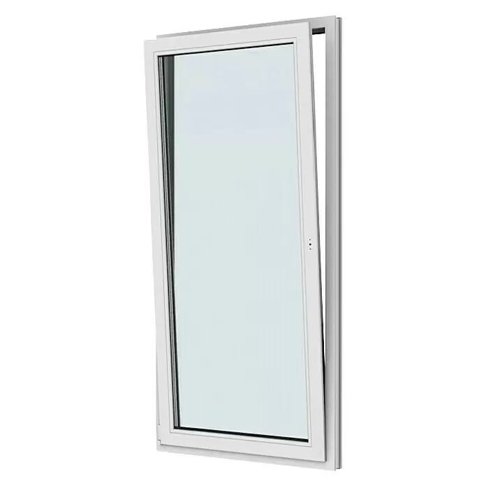 Solid Elements Balkontür New Basic - 100 x 200 cm, Verglasung: 2-fach, DIN Anschlag: Links, Weiß - Weißes PVC-Kipp-Schwenk-Fenster, teilweise geöffnet, Funktionalität zeigend.