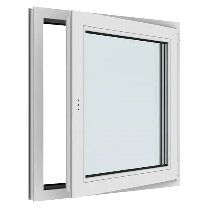 Solid Elements Kunststofffenster Basic90 x 90 cm, DIN Anschlag: Rechts, Weiß - Einblick auf ein Kippfenster mit weißem Rahmen, das geöffnet ist und Einblick ins Innere gewährt. Optimale Belüftung und modernes Design.