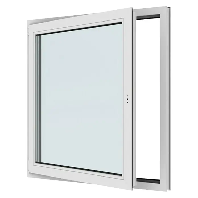 Solid Elements Kunststofffenster Basic120 x 120 cm, DIN Anschlag: Links, Weiß - Bild einer seitlich geöffneten, weißen Fensterfront. Das Fenster besteht aus klarem Glas und einem minimalistischen Rahmen.