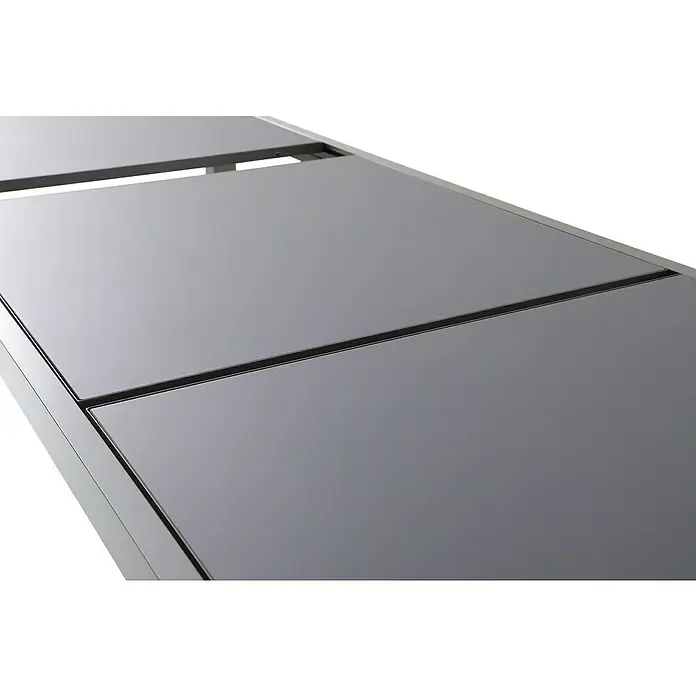 Sunfun Maja Gartentisch - L x B x H: 280 x 100 x 75 cm, Aluminium, Glas, Rechteckig, Night-Grey, Ausziehbar - Nahaufnahme einer modernen, grauen Tischplatte mit klaren Linien und minimalistischem Design. Ideal für Esszimmer oder Büro.