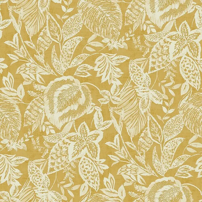 Papel pintado Vegetal - Mostaza, Motivo decorativo, 10 x 0,53 m - Papel tapiz con diseño floral con flores y hojas blancas sobre fondo amarillo para un ambiente cálido y acogedor.