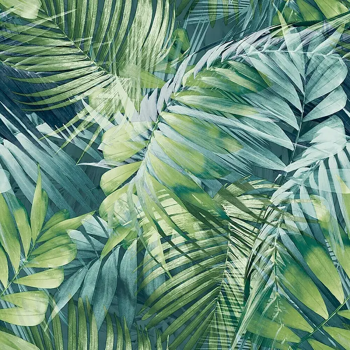 Papel pintado Botánico - Azul, Motivo decorativo, 10 x 0,53 m - Arte mural tropical con exuberantes hojas de palma verdes que crean un ambiente exótico y relajante.