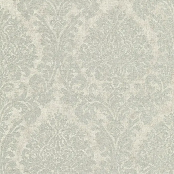 Papel pintado Damasco clásico - Gris, Motivo decorativo, 10 x 0,53 m - Primer plano de un elegante papel pintado con un delicado patrón de damasco en suaves tonos grises, creando un ambiente sofisticado y atemporal.