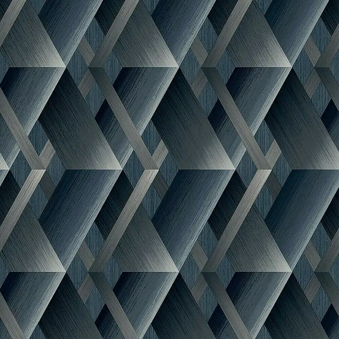Papel pintado Geométrico triángulos - Azul, Gráfico, 10 x 0,53 m - Patrón geométrico abstracto en diversos tonos de azul y gris, que muestra una textura de madera moderna y elegante.