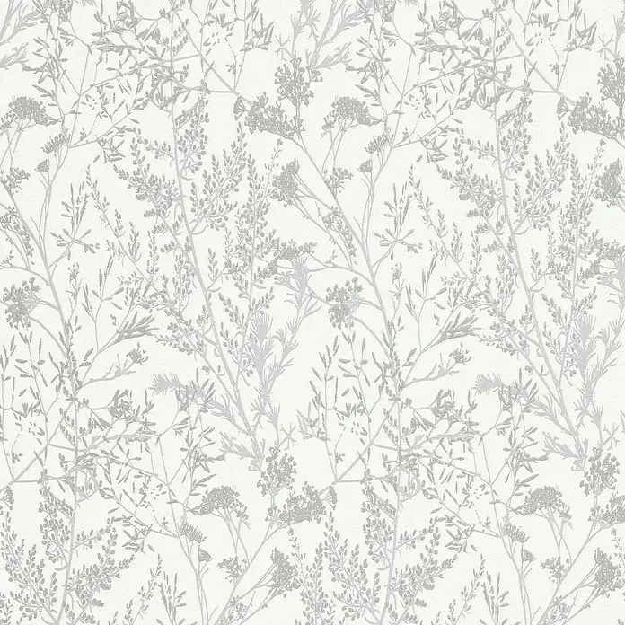 Papel pintado Vegetal - Blanco, Motivo decorativo, 10 x 0,53 m - Un elegante patrón de papel tapiz floral en blanco y gris que crea un ambiente tranquilo y elegante. Ideal para salas de estar y dormitorios.