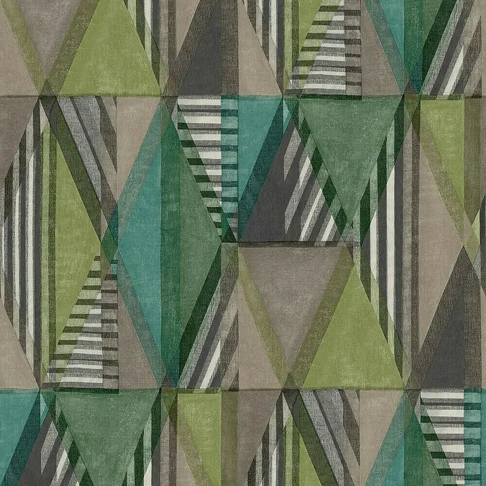 Papel pintado Geométrico Triángulos - Verde, Motivo decorativo, 10 x 0,53 m - Patrón geométrico con triángulos, rayas y tonos de verde, gris y beige, perfecto para espacios de vida contemporáneos.