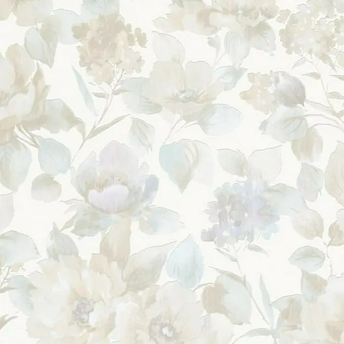 Papel pintado Flores - Blanco, Motivo decorativo, 10 x 0,53 m - Patrón floral sobre fondo claro. El patrón presenta una variedad de flores en tonos suaves y neutros, ideal para crear espacios calmantes.