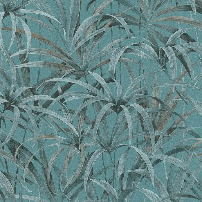 Papel pintado Vegetal con Hojas - Turquesa, Motivo decorativo, 10 x 0,53 m - Un elegante diseño de papel tapiz con hojas de palma estilizadas en tonos gris azulado sobre un fondo azul tranquilo, añadiendo un toque exótico.