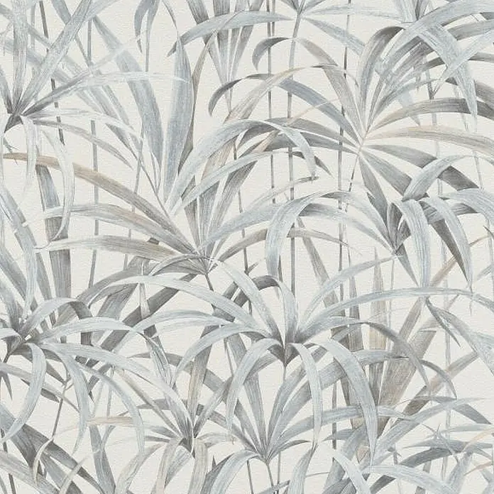 Papel pintado Vegetal con Hojas - Gris, Motivo decorativo, 10 x 0,53 m - Elegante diseño de papel pintado con hojas de palma estilizadas en gris pálido sobre un sutil fondo crema. Un toque de elegancia tropical.