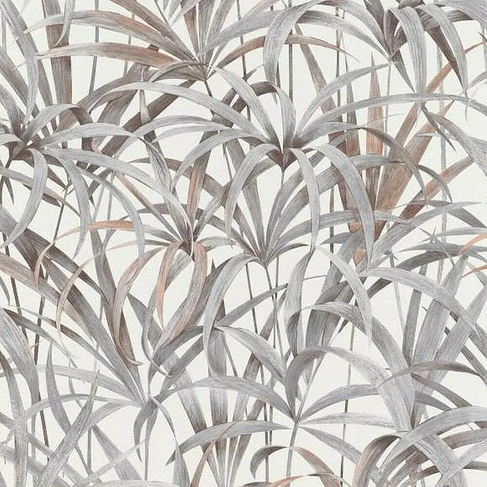Papel pintado Vegetal con Hojas - Granate, Motivo decorativo, 10 x 0,53 m - Un patrón sin costuras con hojas de palma estilizadas grises y marrones sobre un fondo claro, ideal para textiles y papel pintado.