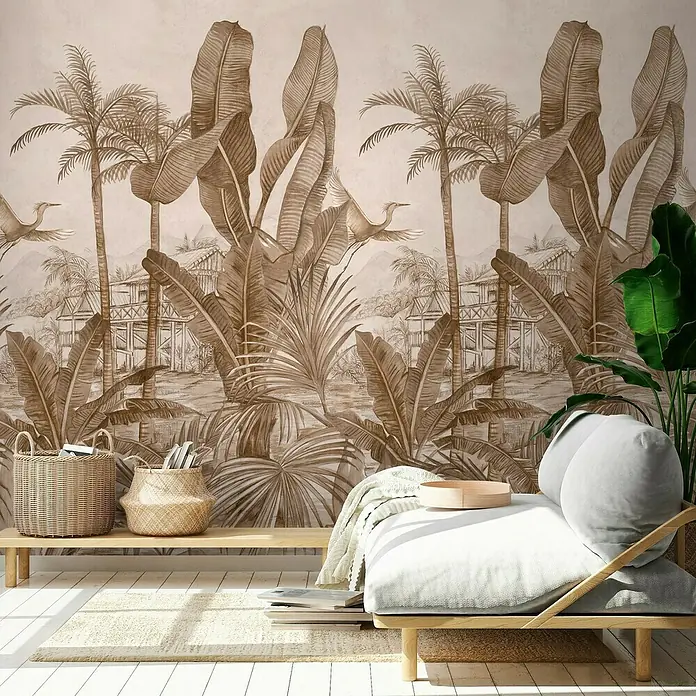Papel pintado Mural Vegetación - Marrón, Motivo decorativo, 10 x 0,53 m - Mural tropical con plantas exóticas, casas y aves en tonos marrones. Crea un ambiente relajante en la estancia.