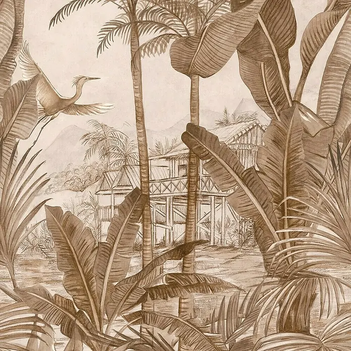 Papel pintado Mural Vegetación - Marrón, Motivo decorativo, 10 x 0,53 m - Ilustración exótica de estilo vintage con plantas exuberantes, un pájaro volando y un edificio rústico, ideal como decoración de pared.